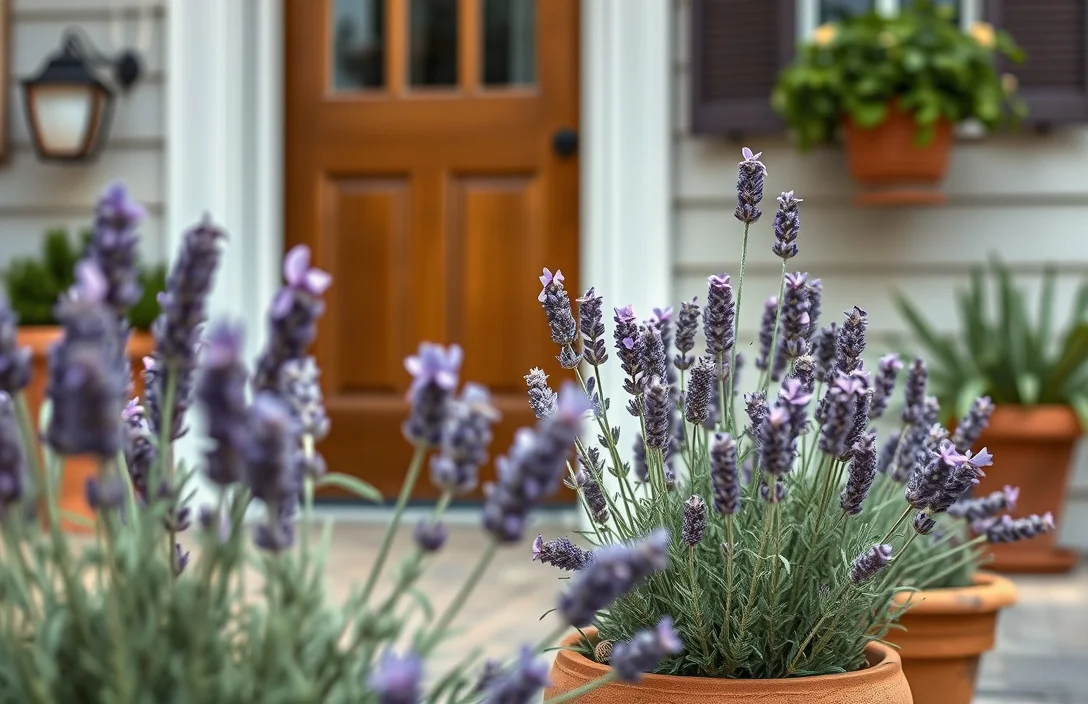 Best Pot Size, Drainage, and Soil Mix - lavender in pots by front door