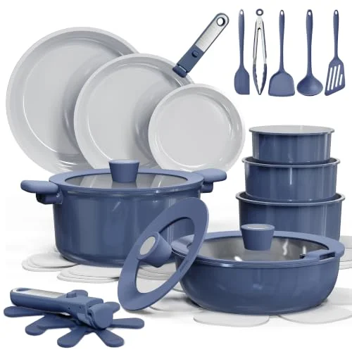 blue ceramic cookware set