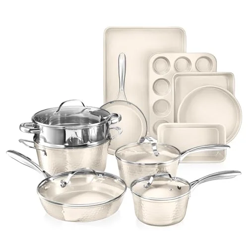 hammered cream cookware set