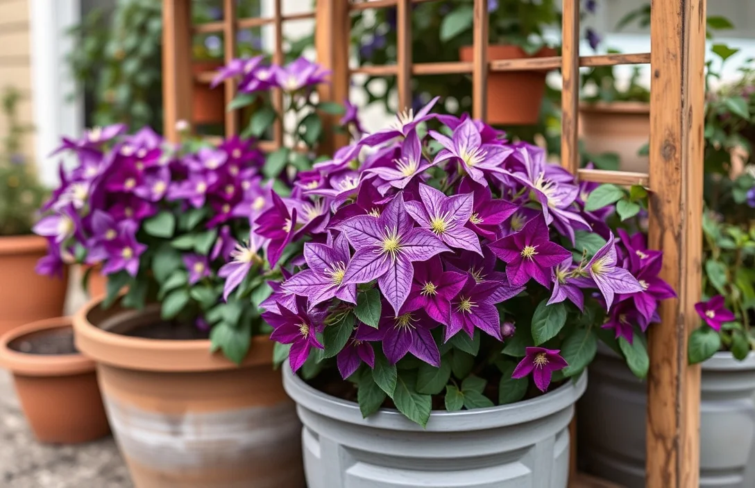 How Deep to Plant Clematis in Containers - clematis in pots with trellis