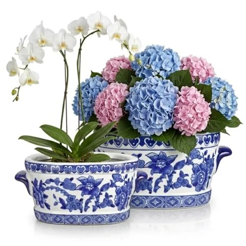 large blue and white pots