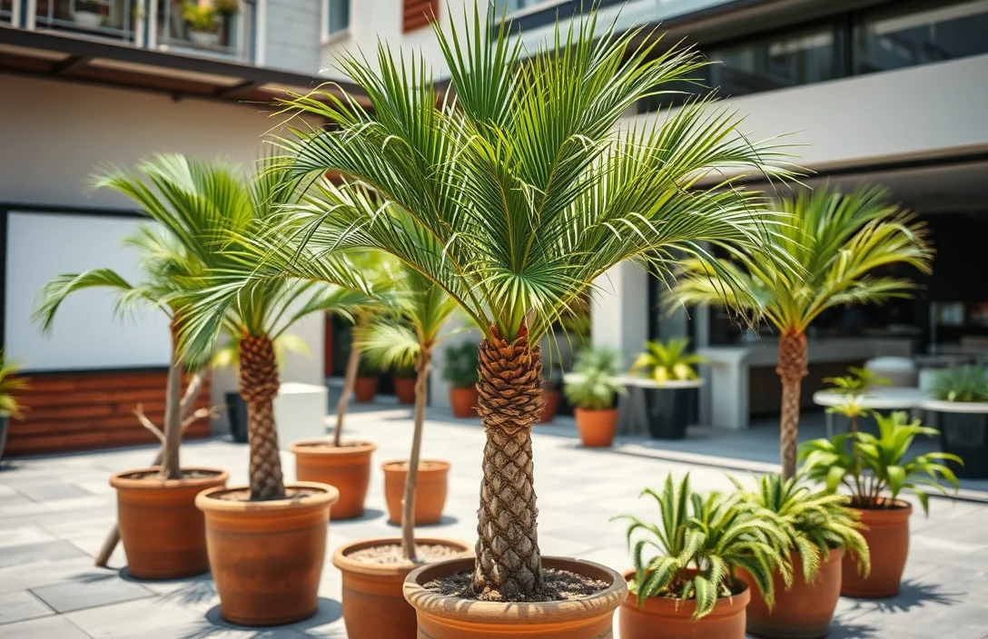 palm trees in pots outdoors
