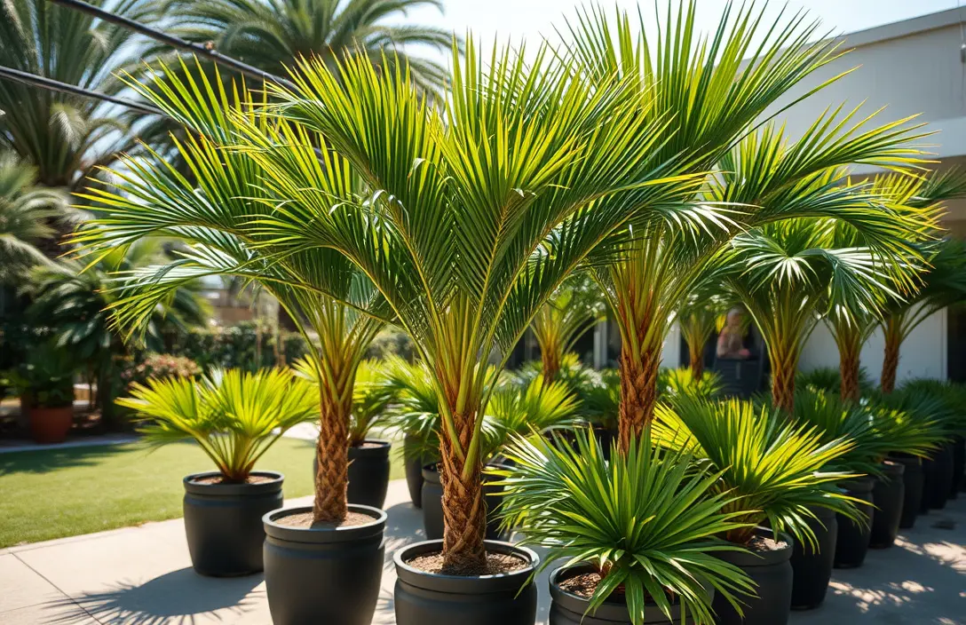 What Works - full sun palm trees in pots outdoors